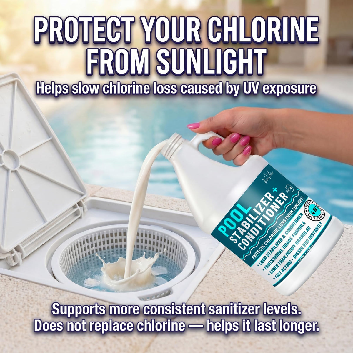 Durable gallon container of BubbyShine pool stabilizer