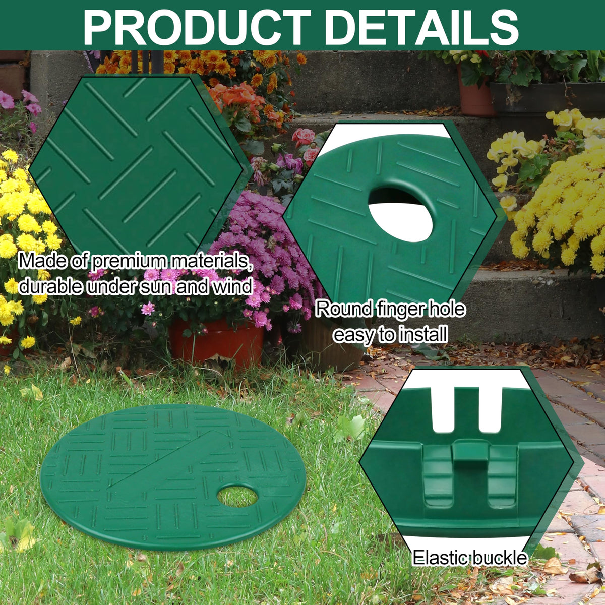 Durable Buccilly cover withstands weather and lawn maintenance.