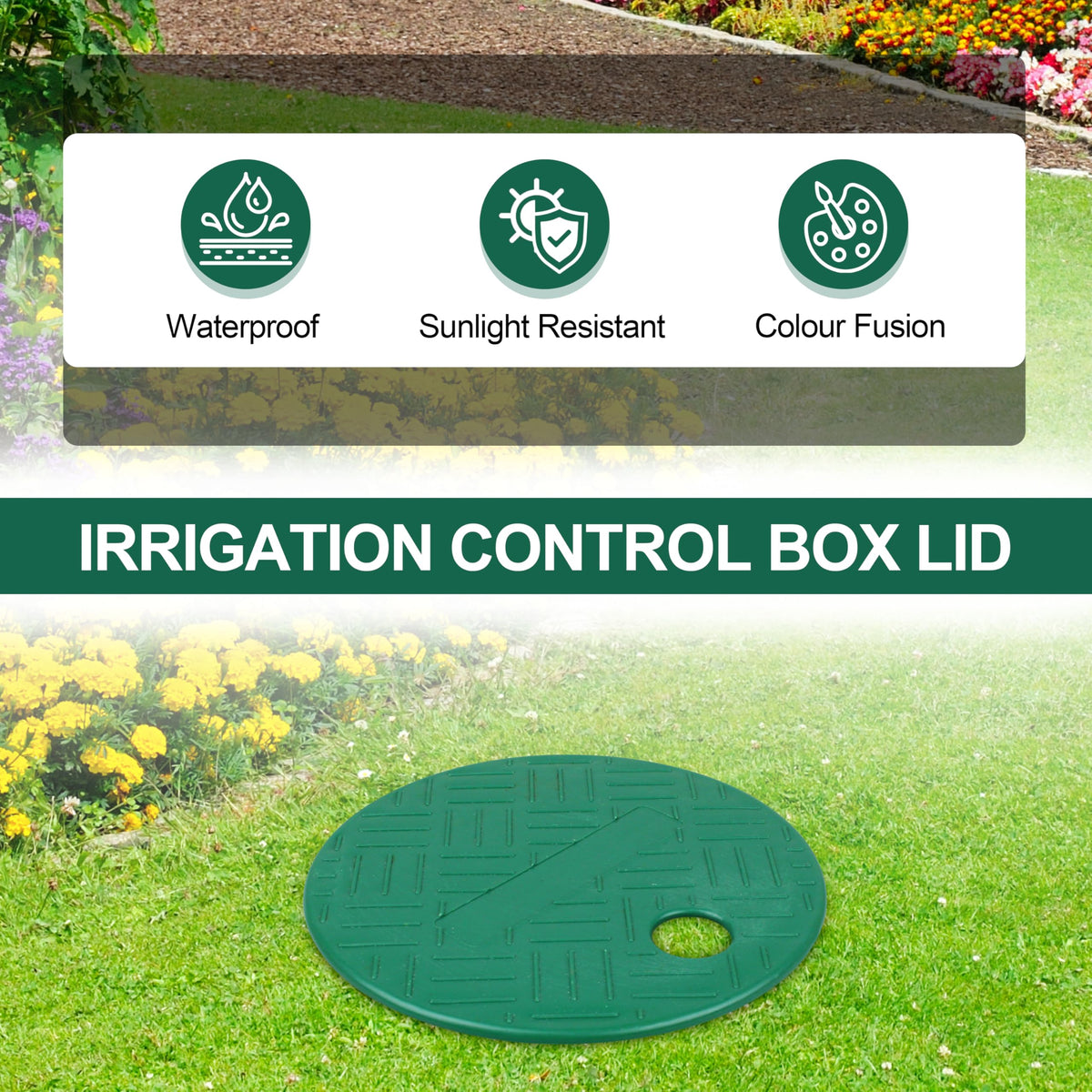 Green Buccilly valve box cover blends with turf and keeps valve boxes visible for maintenance.