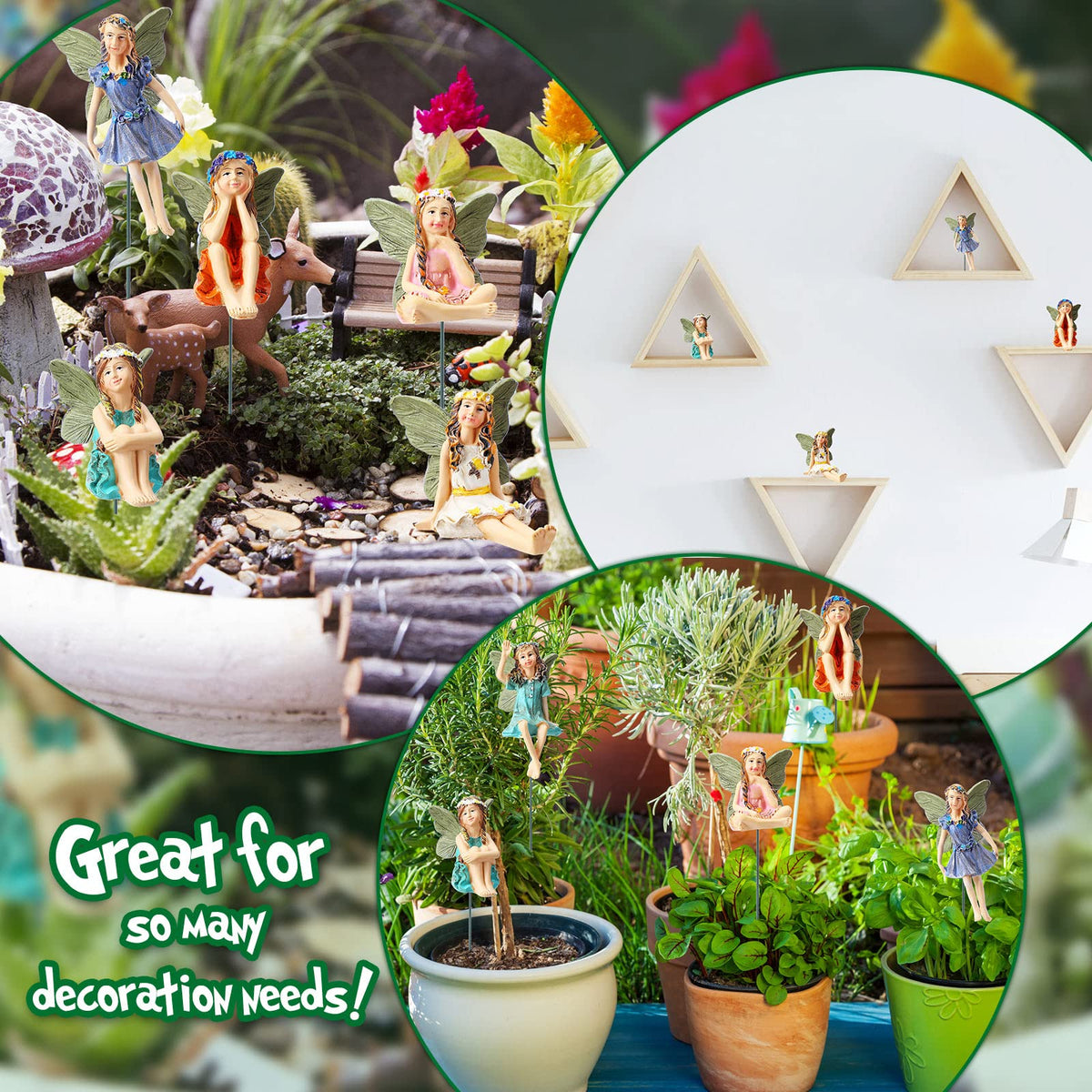 Bucherry fairies placed in a pot to add whimsy to flowering plants