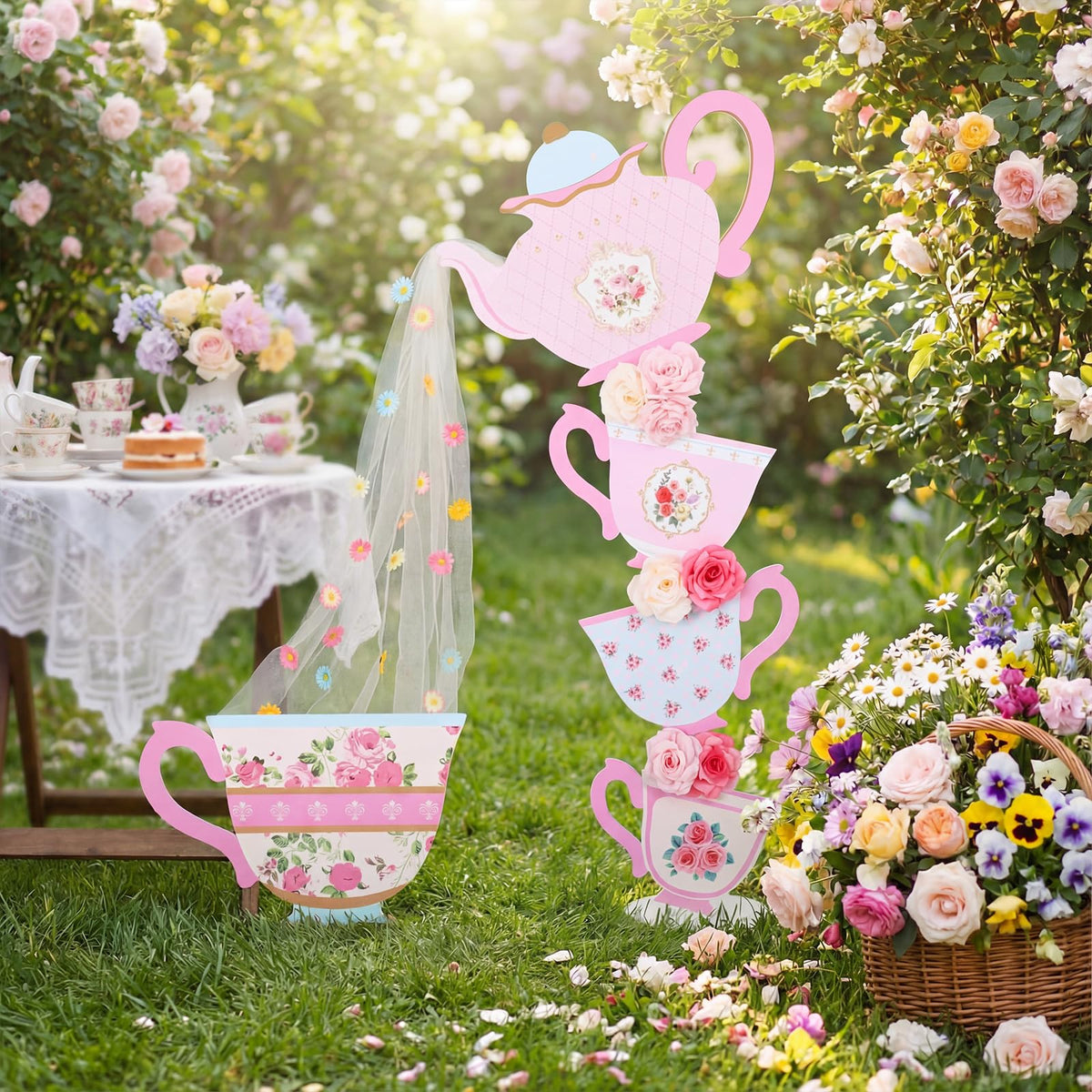 Bucherry Wonderland tea party yard decorations with milky white gauze for elegant outdoor scene