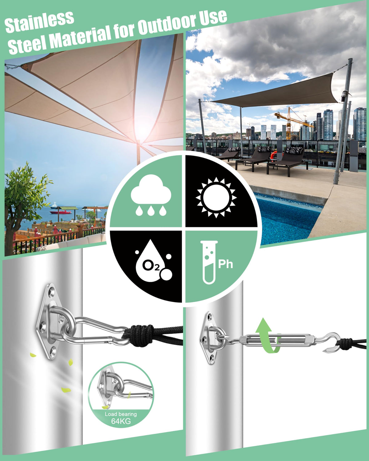 Budoni carabiners/hooks enable quick, reliable shade sail connections.