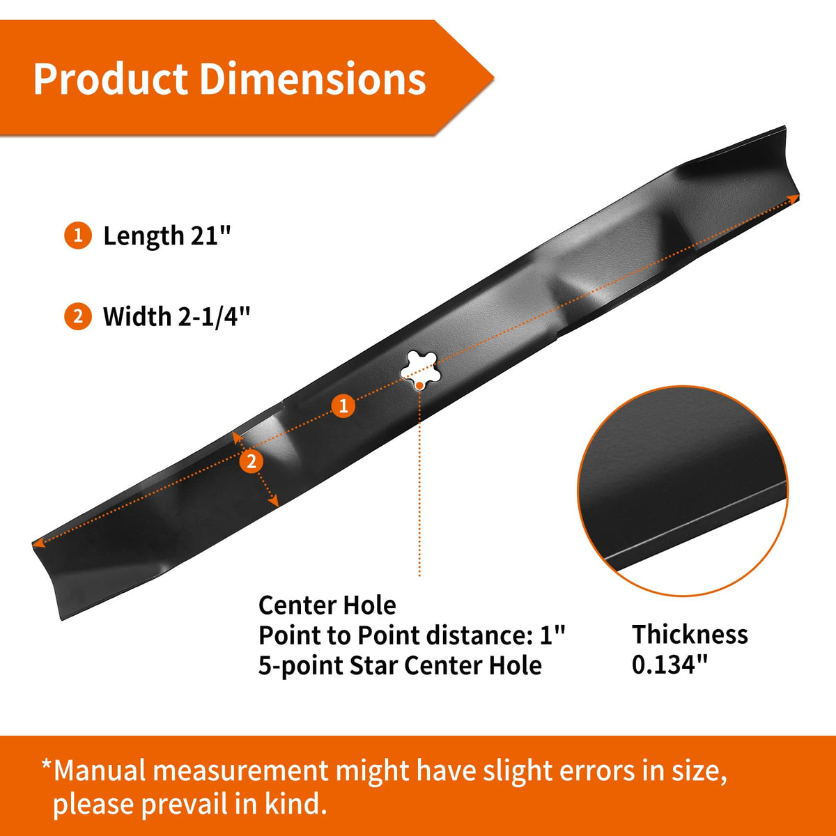 Budrash 134149 21-inch mulching blades dimensions for optimal debris processing.