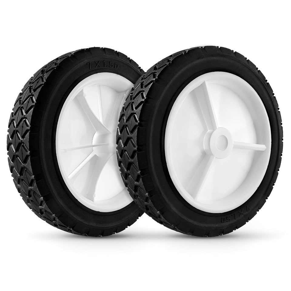 Budrash 72-107 wheels, 7-inch rubber tread, ideal for lawn mowers and garden carts.