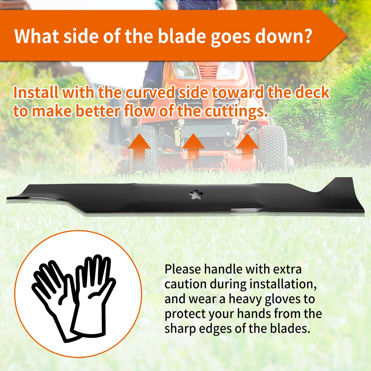 Budrash blade installation with curved side toward deck promotes smooth cut flow.