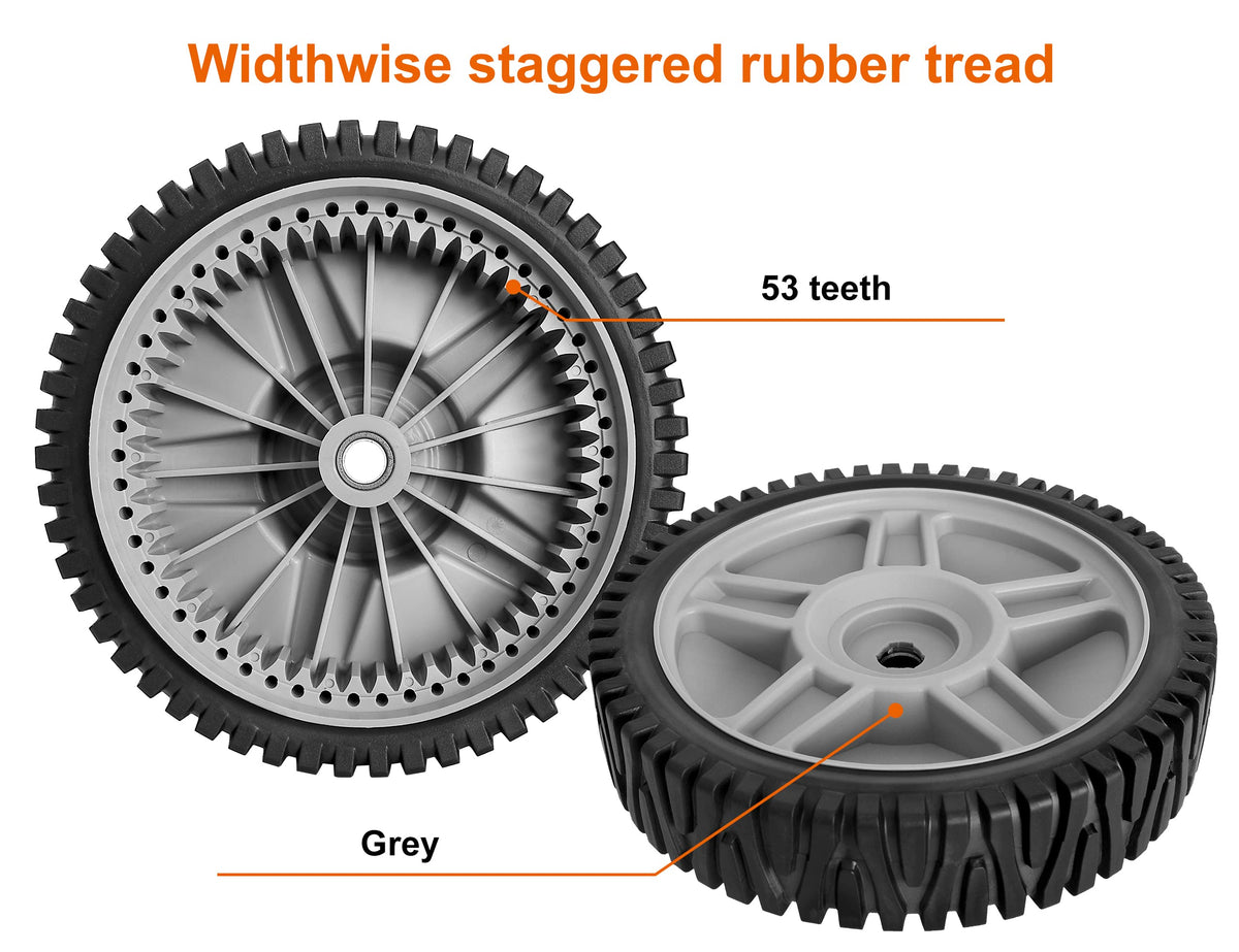 Budrash front wheel features durable rubber tread for quieter mowing.