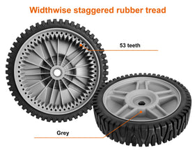 Budrash front wheel features durable rubber tread for quieter mowing.