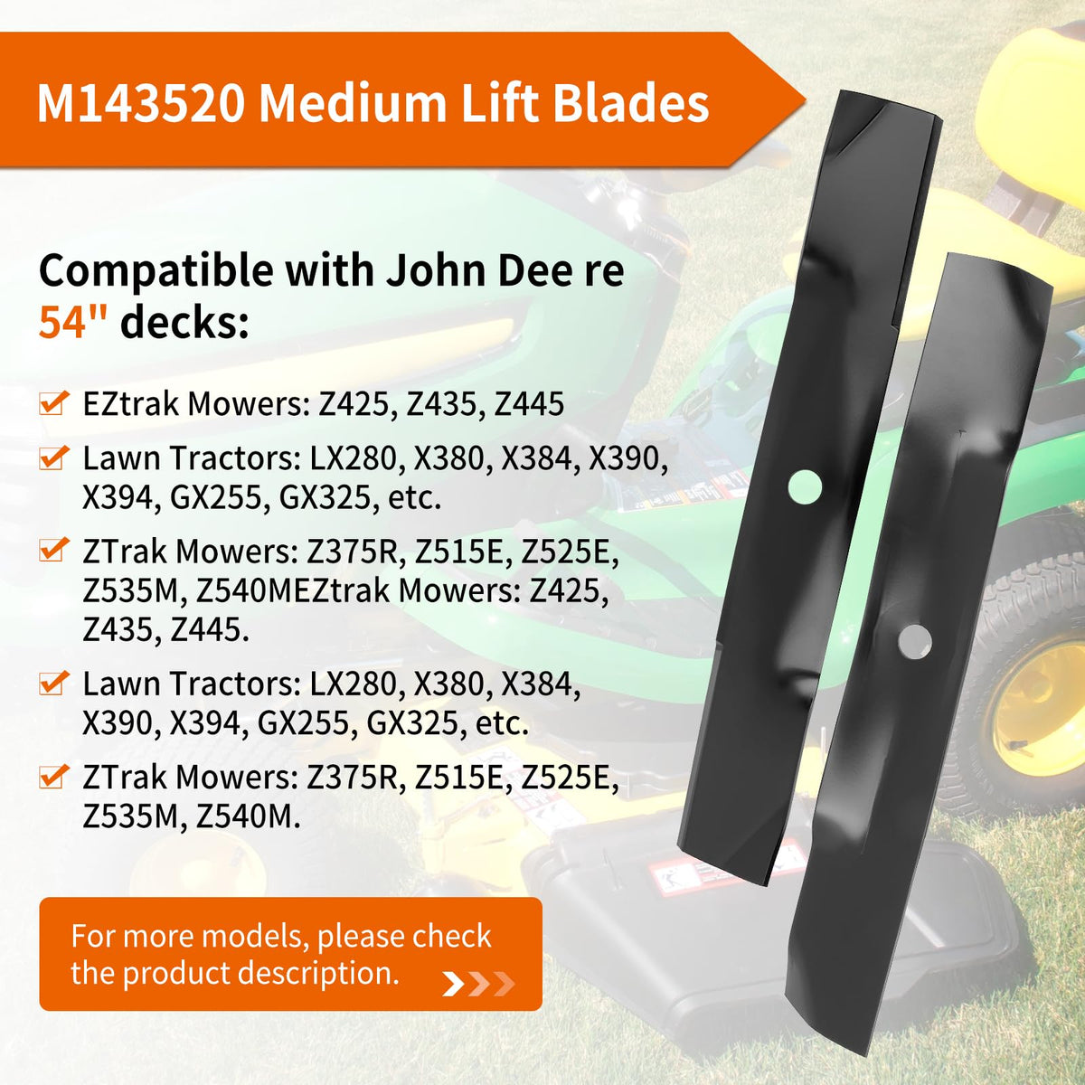 Budrash M143520 compatible with John Deere 54-inch decks for EZtrak and ZTrak series.