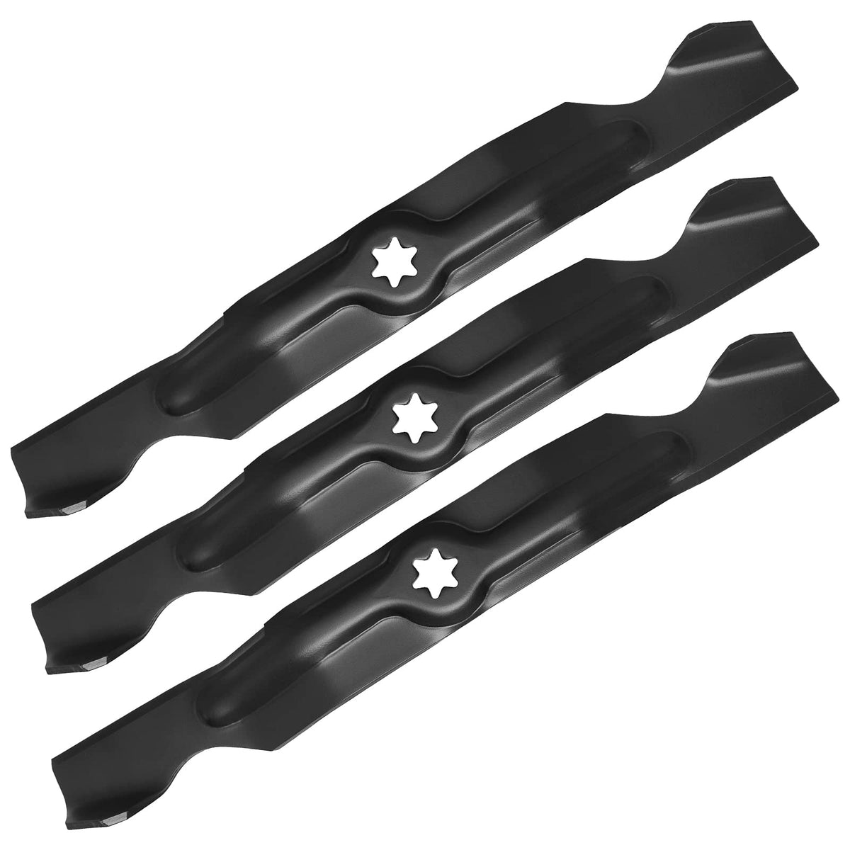 Budrash mower blade close-up with 6-point star center hole for secure mounting.
