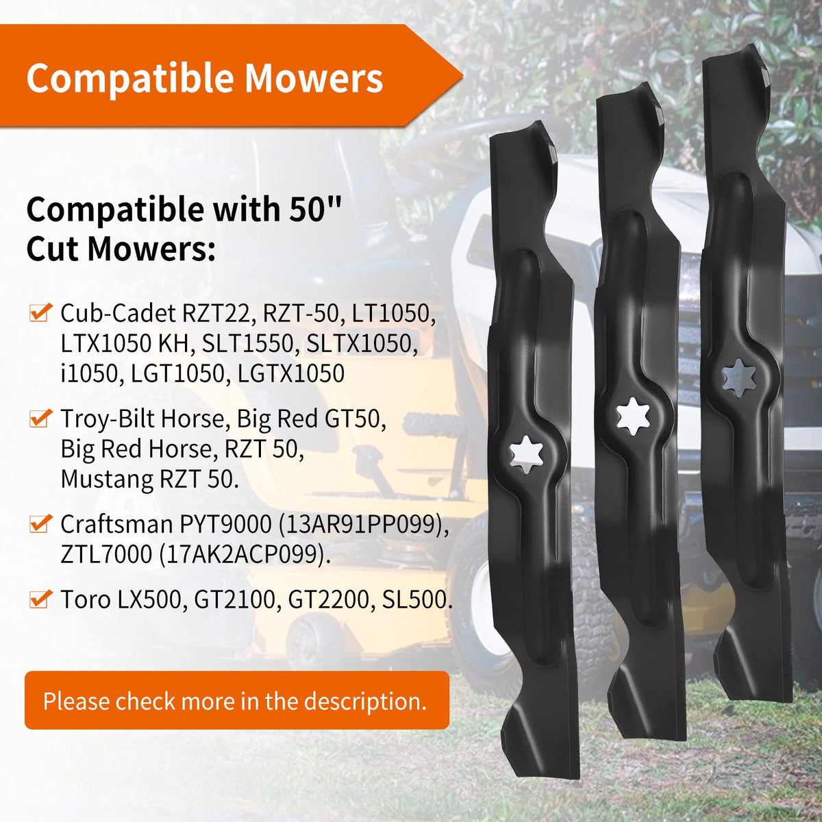 Budrash Troy-Bilt LT1050 compatible blade image for reliable deck fit.