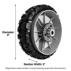 Budrash wheel with hub offset 1-3/8 inch aids alignment on Husqvarna mowers for smoother operation