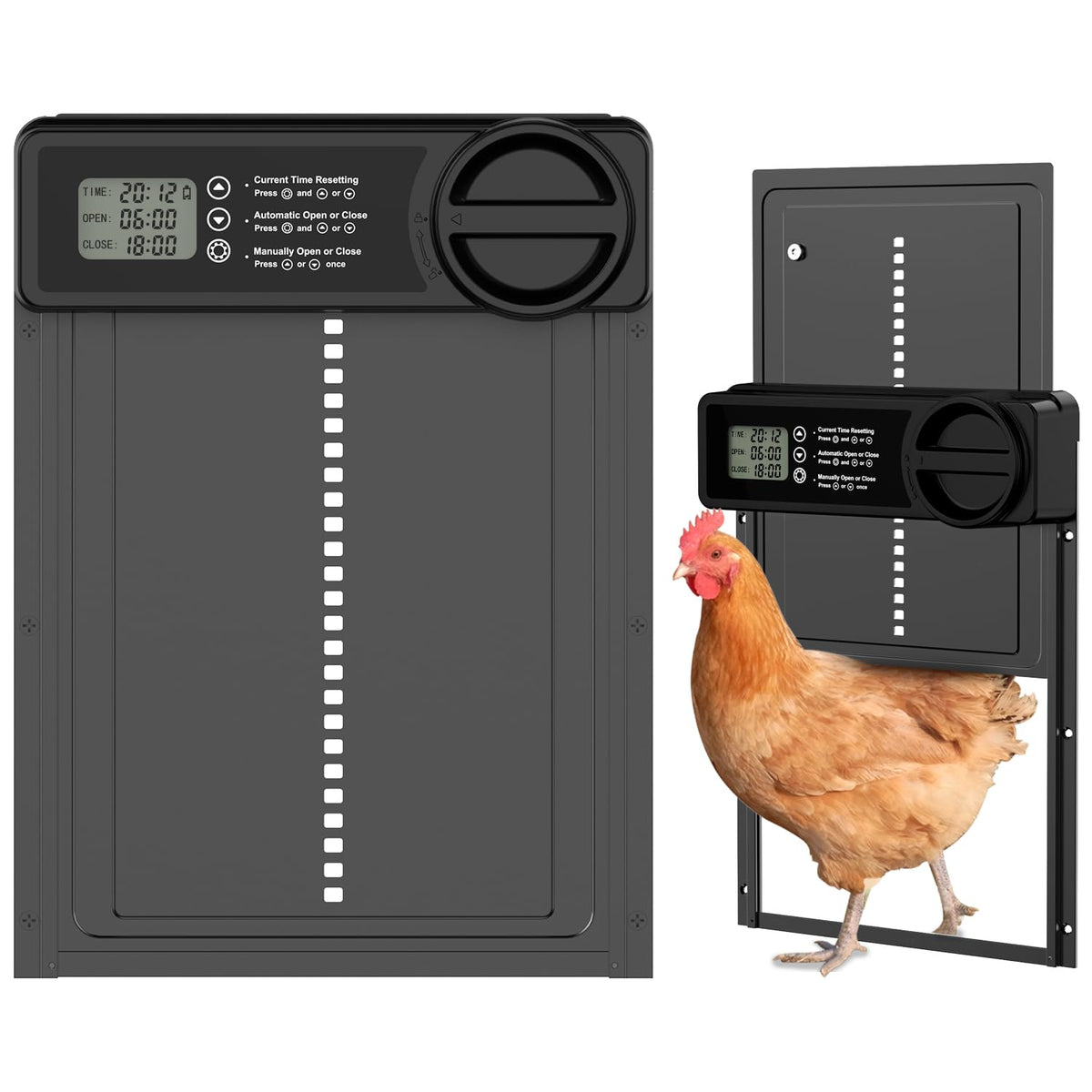 Budsom automatic door close-up showing anti-pinch sensor for safe poultry movement