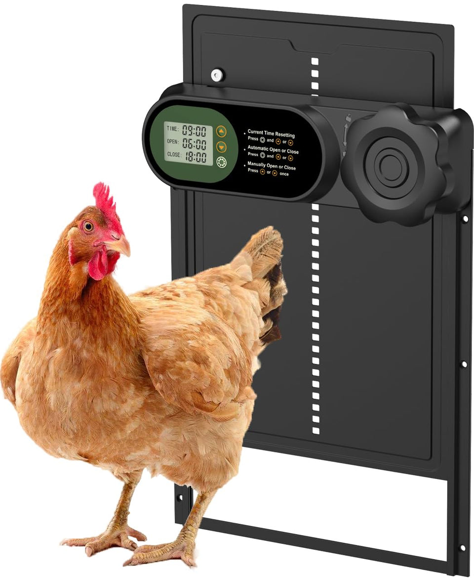 Budsom automatic coop door front view showcases durable aluminum design for year-round protection.