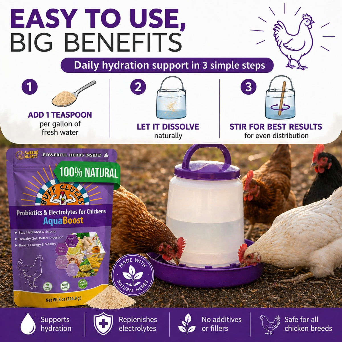 Buff Clucks AquaBoost safe-for-all-poultry ensures broad compatibility