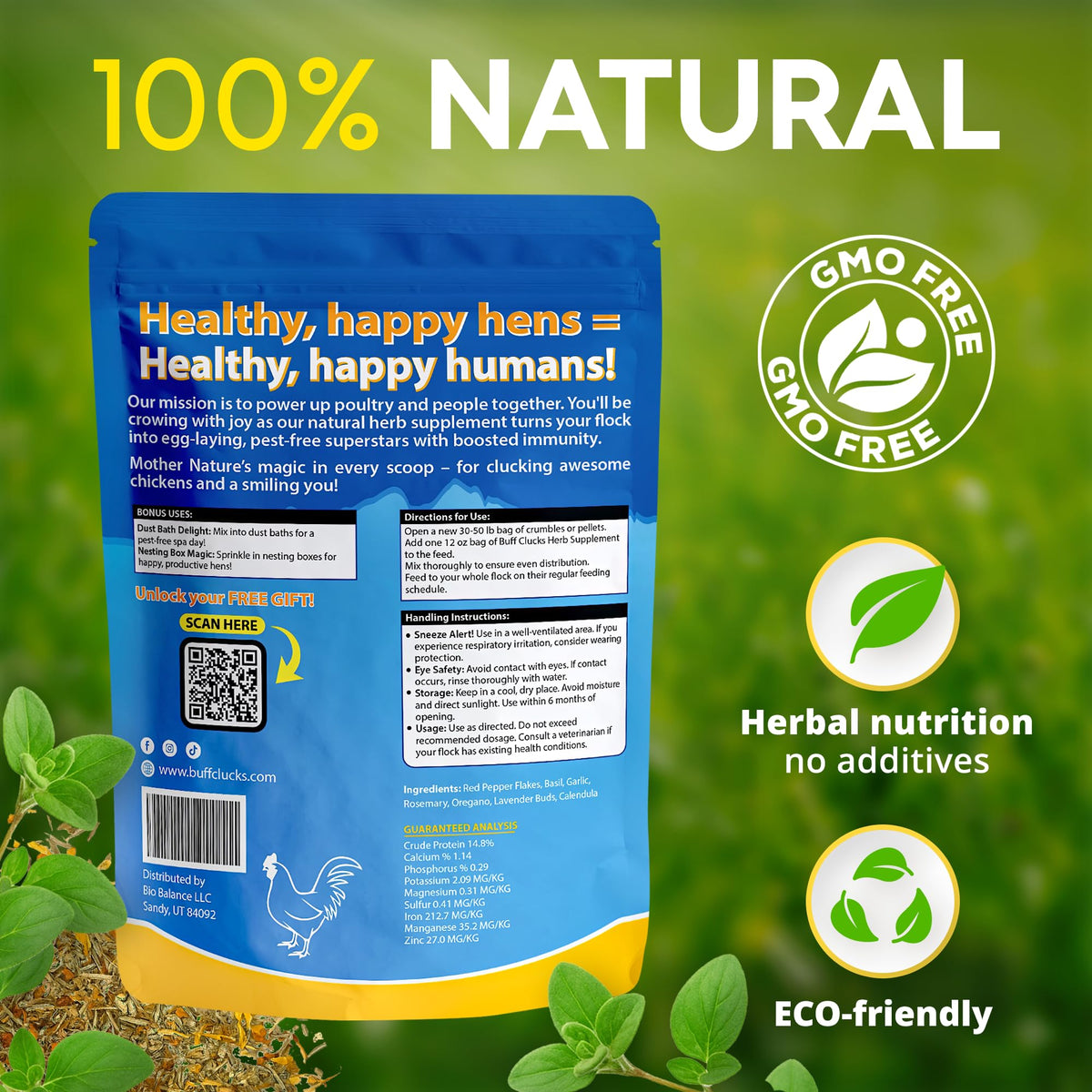 Chickens enjoy herbs as a natural, tasty treat by Buff Clucks.