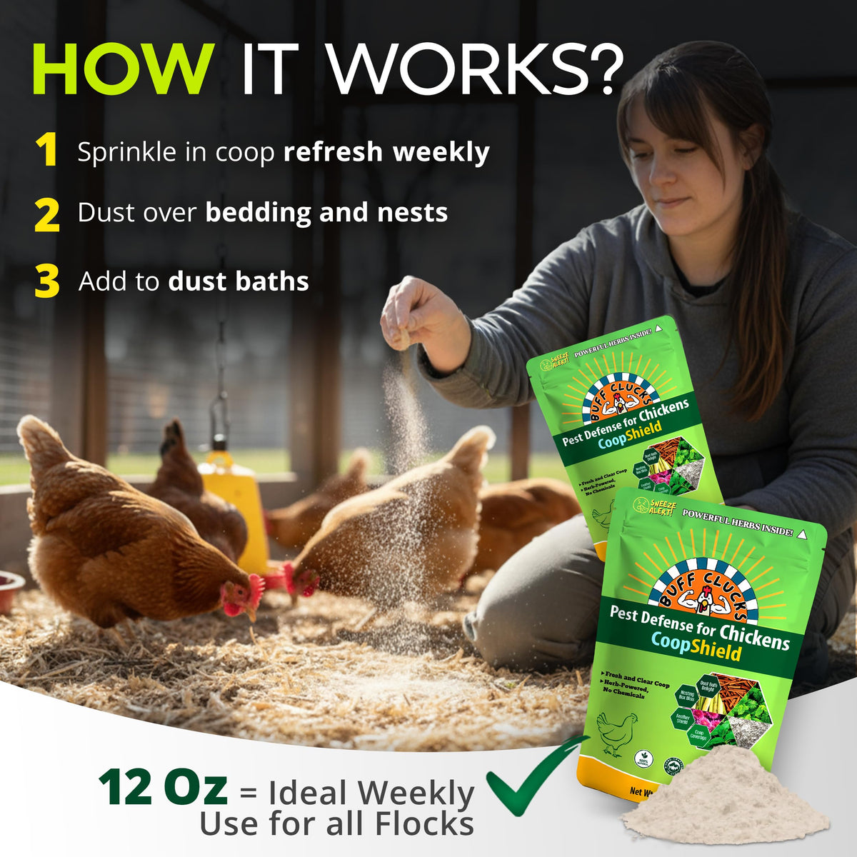 Buff Clucks product scoop with herb blend over bedding for natural aroma.