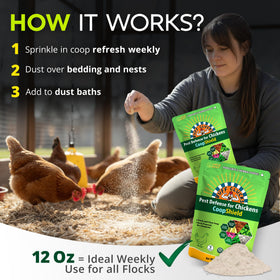 Buff Clucks product scoop with herb blend over bedding for natural aroma.