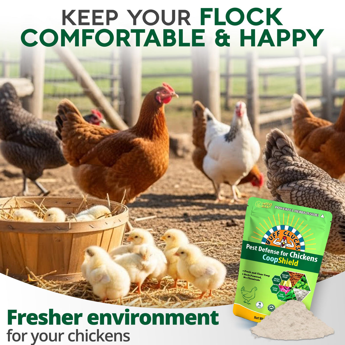 Buff Clucks coop scene with fresh herb scent enhancing the atmosphere.