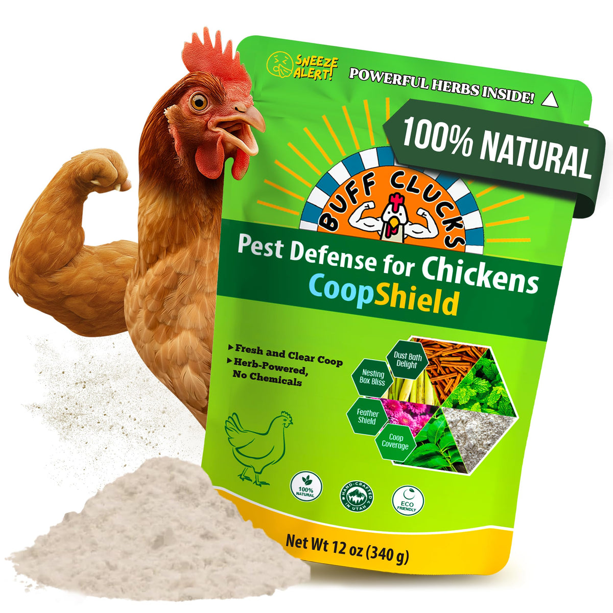 Buff Clucks dust bath blend package with natural ingredients for gentle feather cleaning.