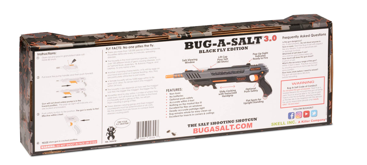 BUG-A-SALT Black Fly 3.0 operates without batteries for mess-free use.