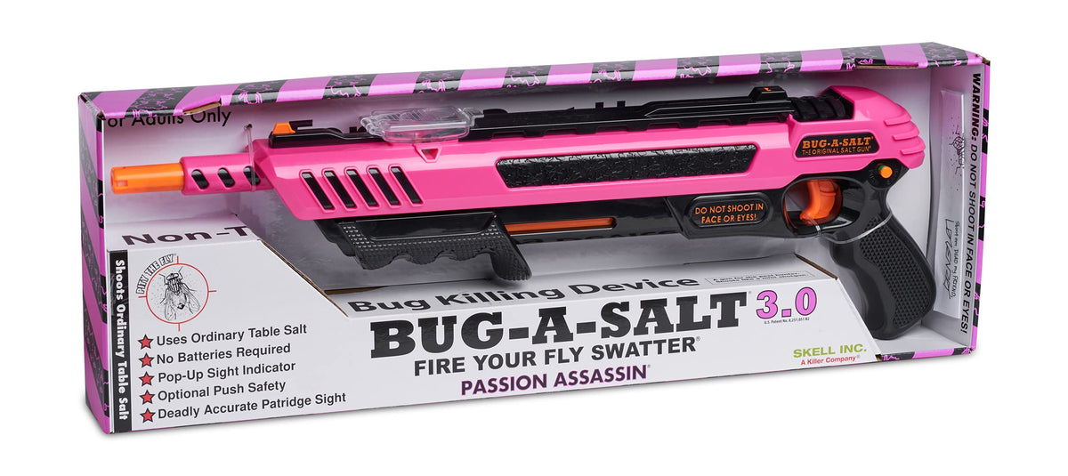 BUG-A-SALT Passion Assassin 3.0 pink-and-black design for retro-style pest relief