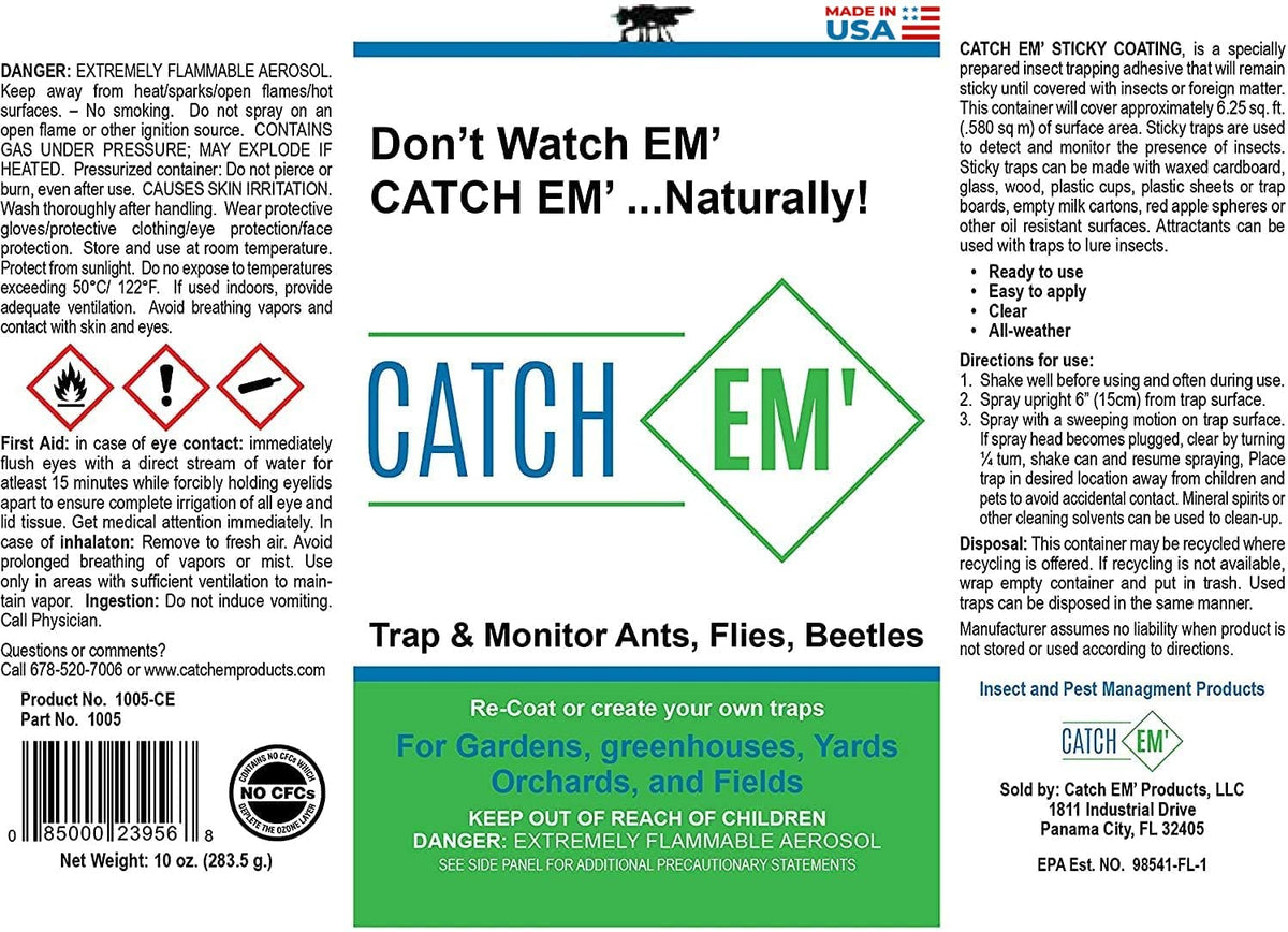 Bug Ball Catch EM' aerosol mist for pesticide-free pest monitoring and trap maintenance.