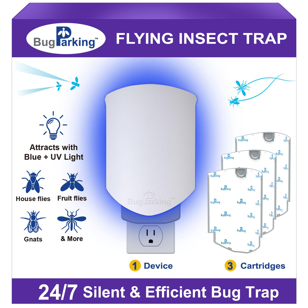 Bug Parking trap front view, compact plug-in design for indoor use.