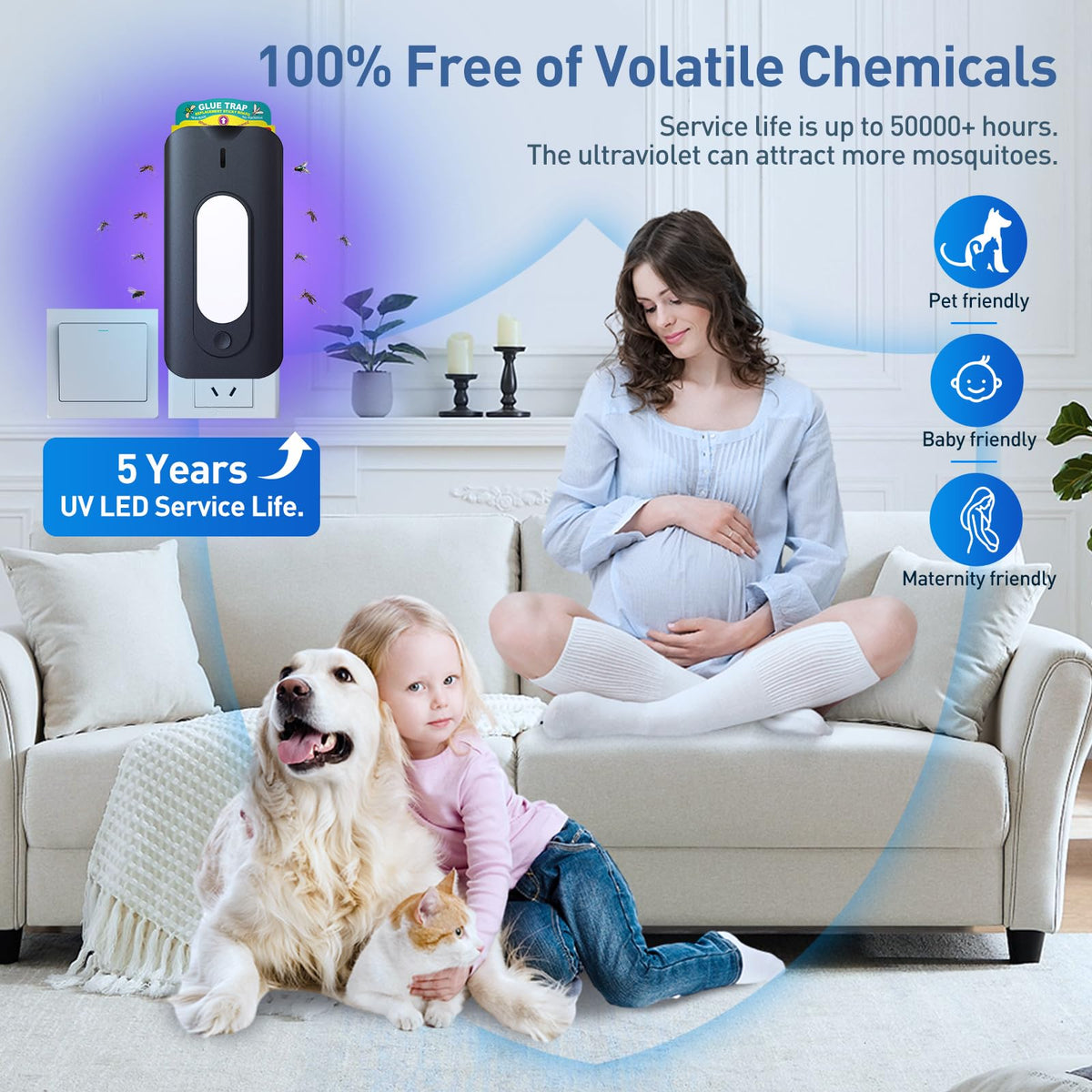 Bugaway UV light beads back panel attract pests with diffuse glow.