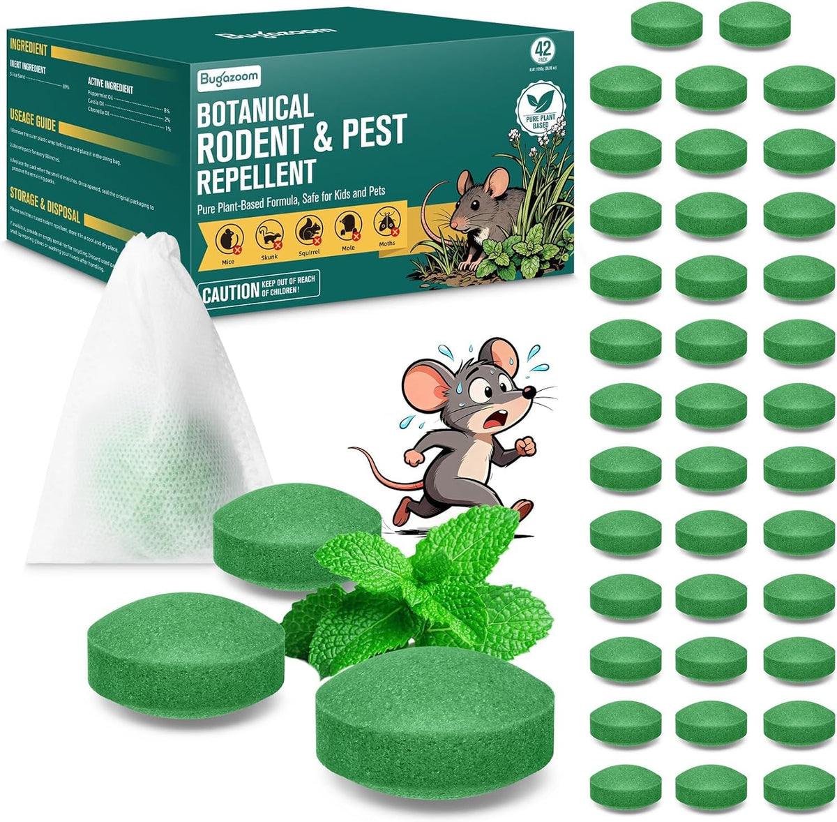 BUGAZOOM natural peppermint mothballs pack cover for easy indoor pest deterrence