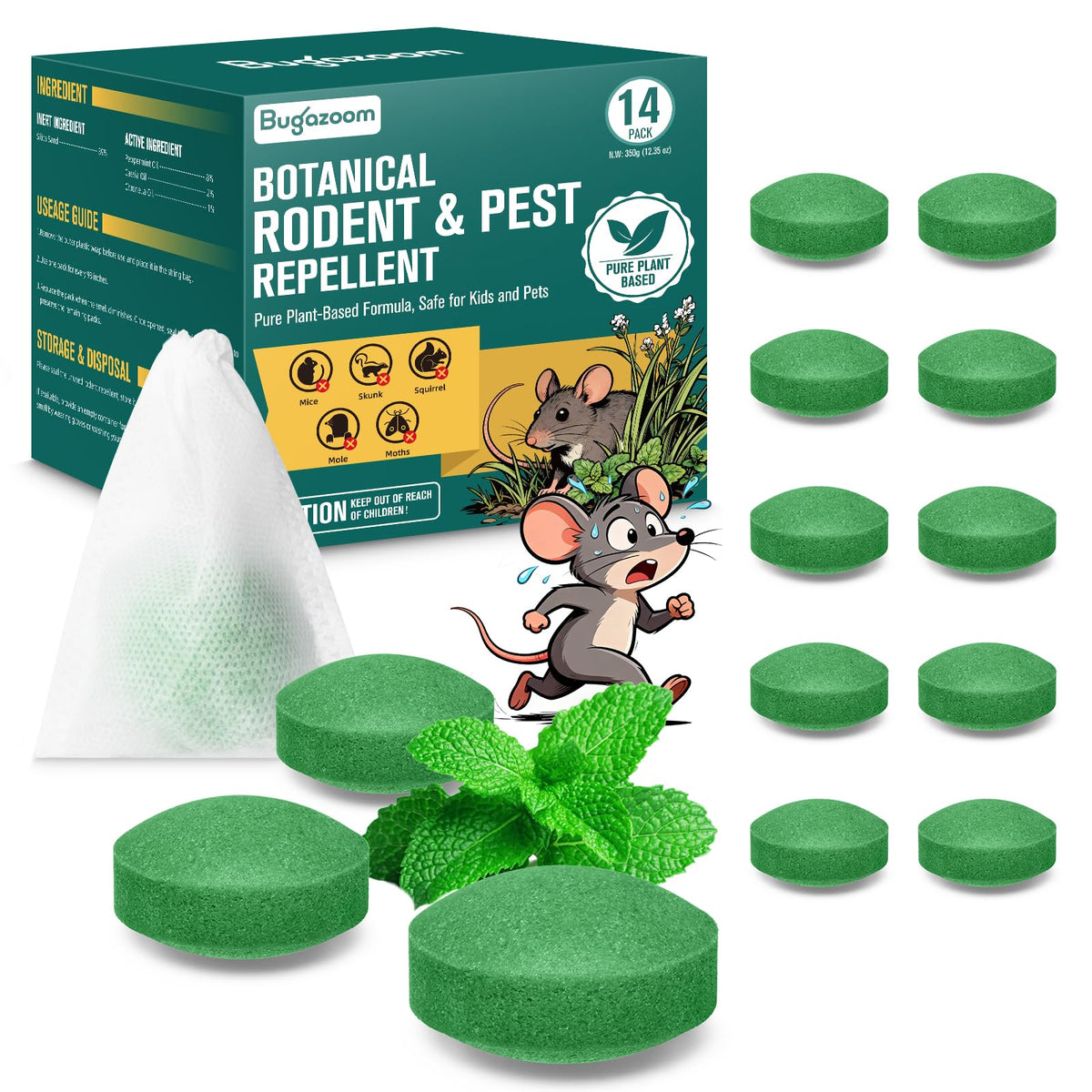 BUGAZOOM peppermint moth balls in package for indoor and outdoor use