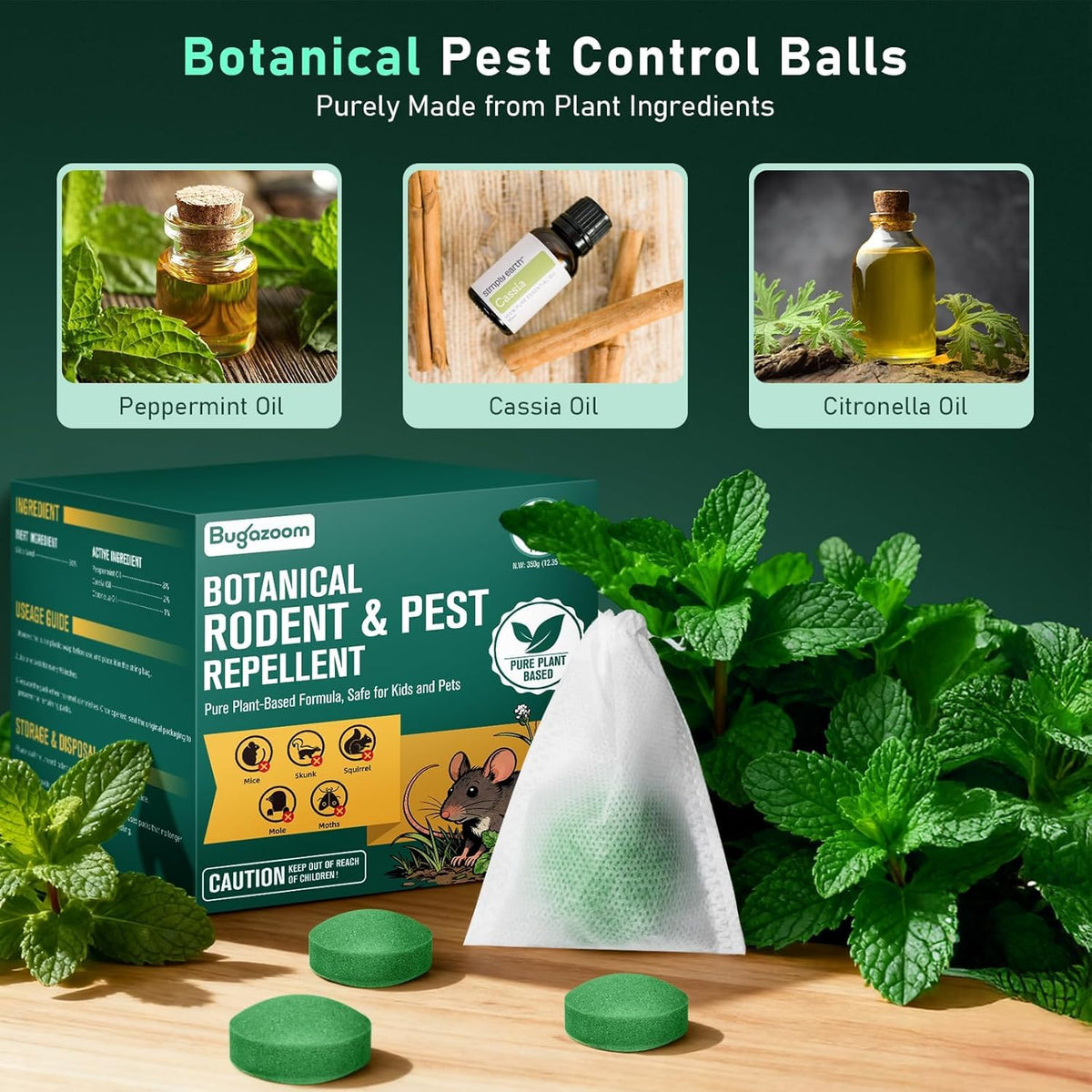 BUGAZOOM peppermint mothballs closeup highlighting strong mint scent for deterrence