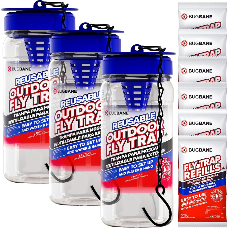 BugBane 3-fly-traps outdoors attract flies away from your home.