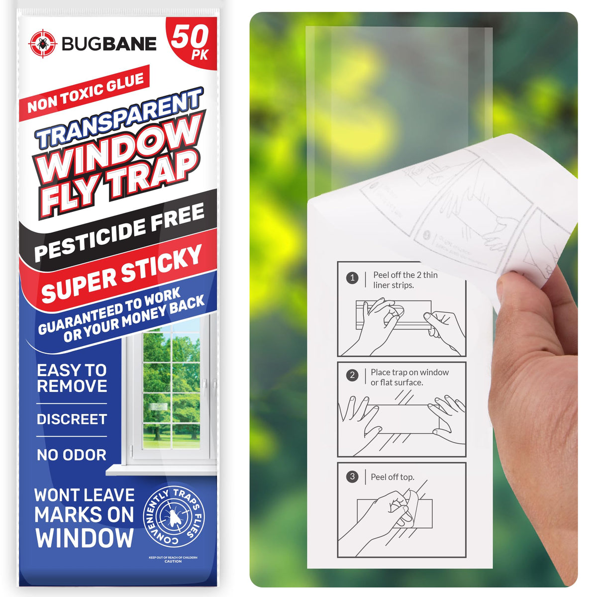 BugBane 50 window fly traps on sunny window for quick control.