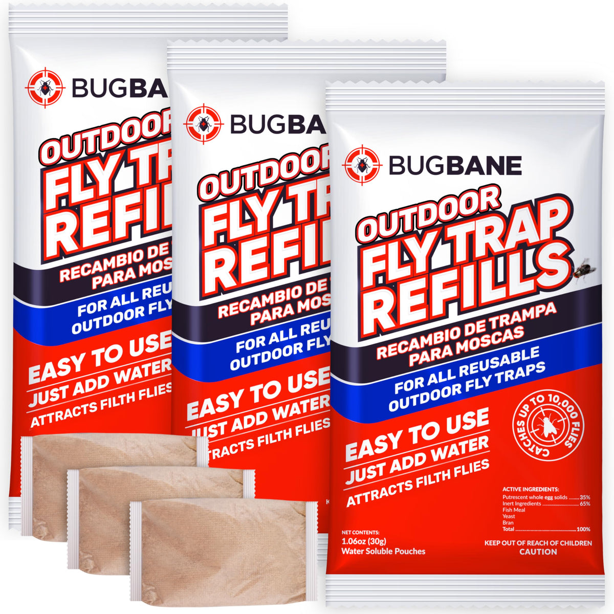 BugBane fly trap bait refill pack 3x1oz ready for outdoor traps, attract flies.