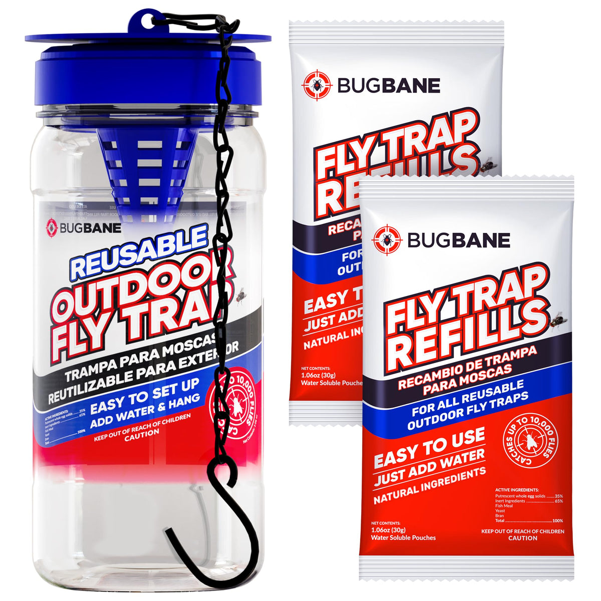 BugBane Fly Trap hangs 20 feet from your home to draw flies away.