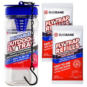 BugBane Fly Trap hangs 20 feet from your home to draw flies away.