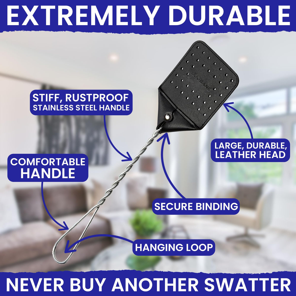 BugBane heavy-duty leather fly swatter offers durable, long-lasting indoor use.