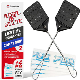 BugBane leather fly swatter 2-pack with long handle for reaching distant flies.