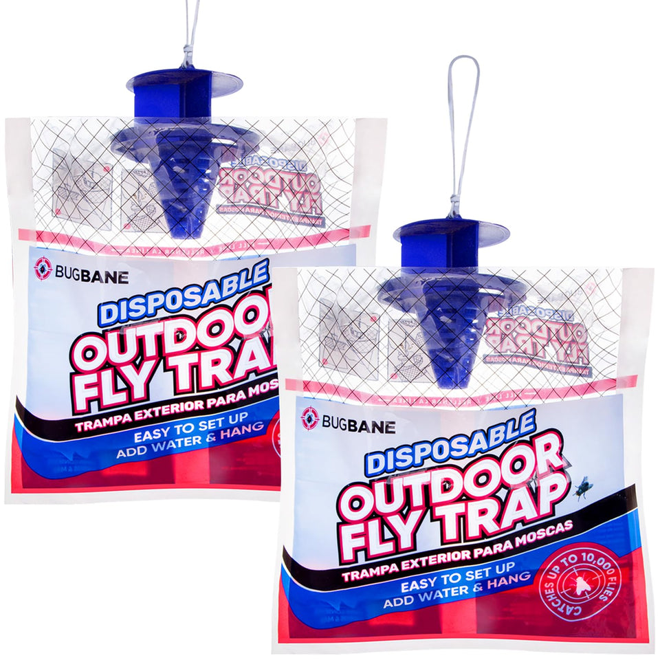 BugBane outdoor fly trap hanging on the patio draws flies away from your home