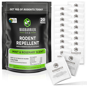 BugBarrier extra-strength mouse deterrent pouch with peppermint and rosemary scent repels mice.