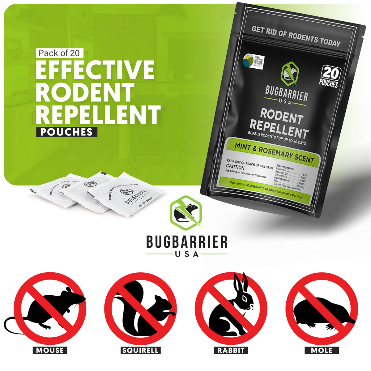BugBarrier US-made biobased packaging shown for responsible pest control.