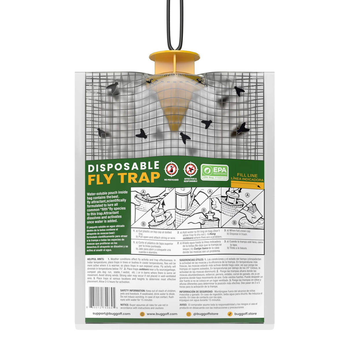 Buggoff disposable fly trap bags with cap fill for quick setup outdoors