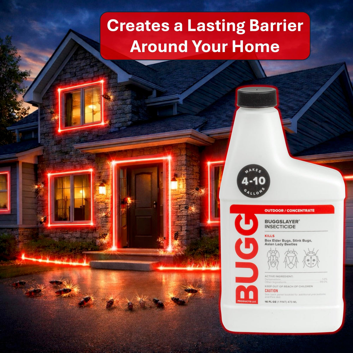 BUGGSLAYER Concentrate spraying outdoor walls demonstrates barrier protection against pests.