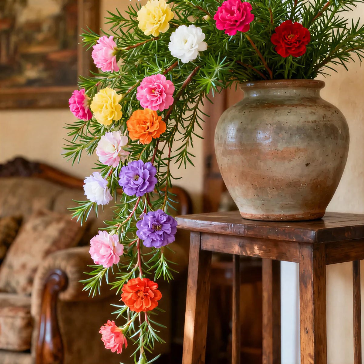 Early-summer Moss Rose blooms adding color to borders.