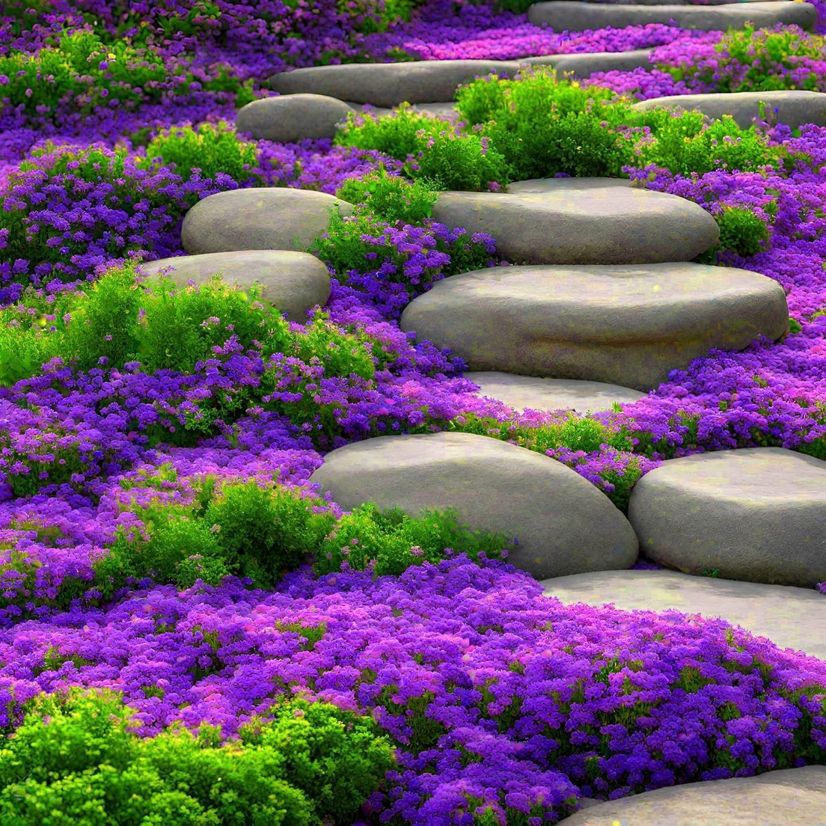 BuggyBeds purple thyme flowering mat spreading across soil for drought-tolerant edging.