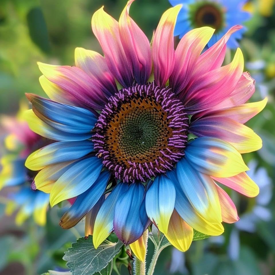 BuggyBeds rare sunflower seeds mix showcases vibrant red, purple, and blue petals for striking borders and pollinator-friendly gardens.