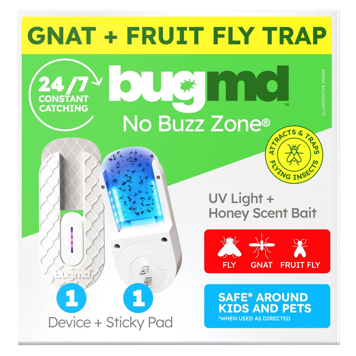 BugMD No Buzz Zone fruit fly trap with UV light attracts and captures indoor pests.