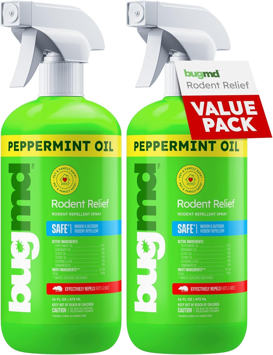 BugMD peppermint spray bottle close-up for rodent deterrence