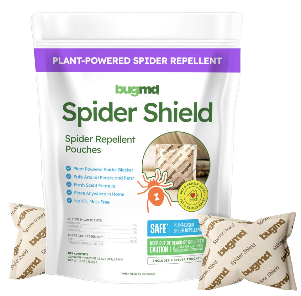 BugMD Spider Shield Pouch packaging highlights plant-based, pet-safe protection.
