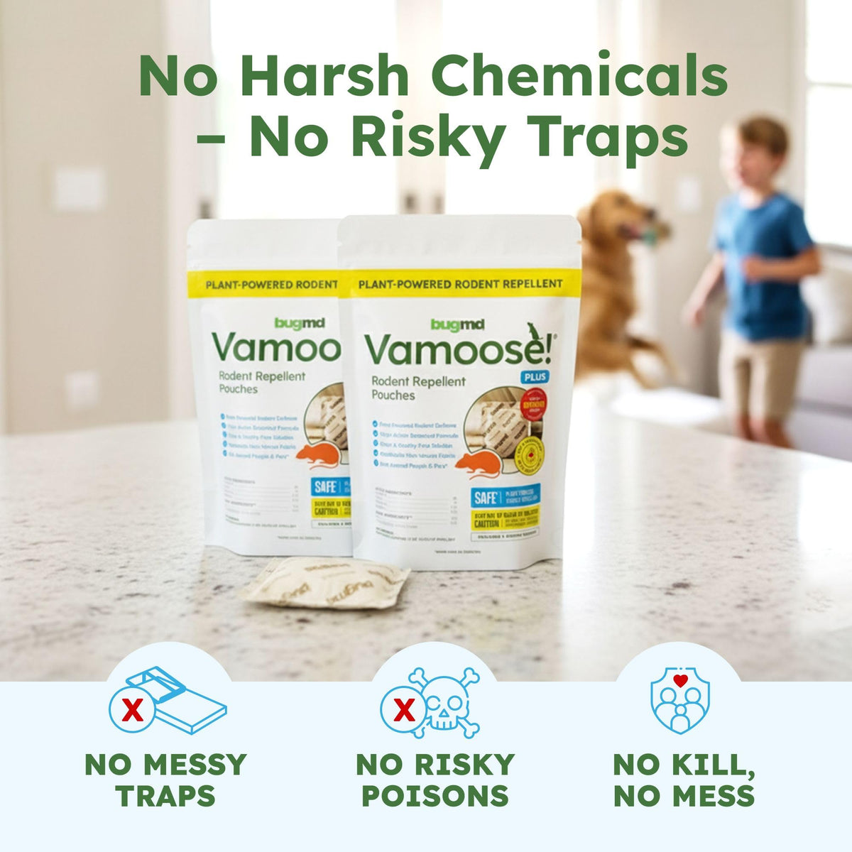 BugMD Vamoose Plus pouches in attic create a scent barrier against nesting rodents.